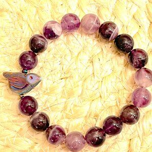 Amethyst Crystal 10mm with Cute Raku Bird Charm Stretch Bracelet